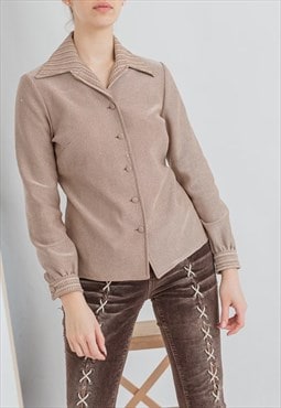 Vintage Arrow Collar Fitted Blouse with Long Sleeve in Brown