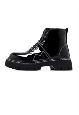 Shiny platform boots chunky sole ankle shoes in black