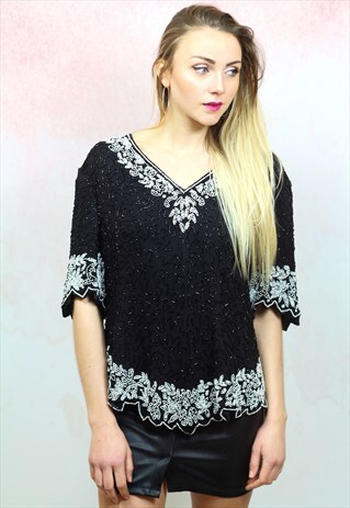 1980S VINTAGE BLACK SEQUIN AND BEAD EMBELLISHED SILK TOP