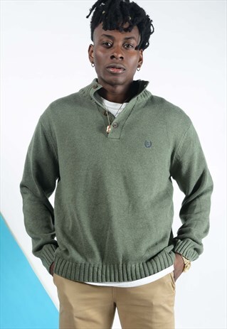 VINTAGE CHAPS BUTTON NECK JUMPER IN GREEN WITH LOGO.
