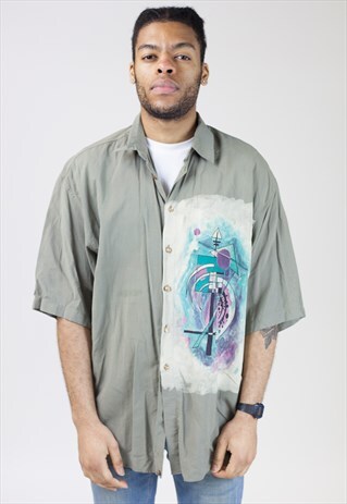 VINTAGE 90S KHAKI PAINTED ABSTRACT PATTERNED SHIRT