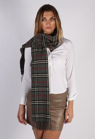 VINTAGE BURBERRY LAMBSWOOL CHECKED SCARF DARKGREY