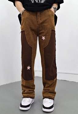 Brown embroidered Washed Patchwork Denim jeans pants Y2k