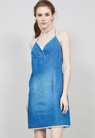 VINTAGE 90'S MINI DENIM RAW HEM HALTER NECK DRESS