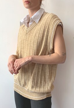 Vintage 90's Oversized Beige Preppy V-neck Knit Sweater Vest