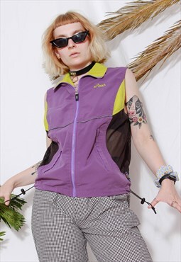Vintage 90s Sports Y2k Purple Nylon Black Mesh Zip Vest