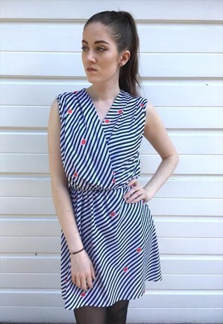 WOMENS 80S DRESS WHITE BLUE STRIPY SPOTTY PATTERN SLEEVELESS