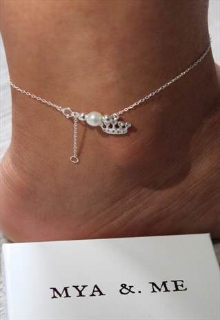 "MYA" ANKLET 925 STERLING SILVER WHITE WITH CROWN