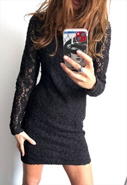 Crochet Lace Sheer Sleeve Mini Tight Bandeau Evening Dress 