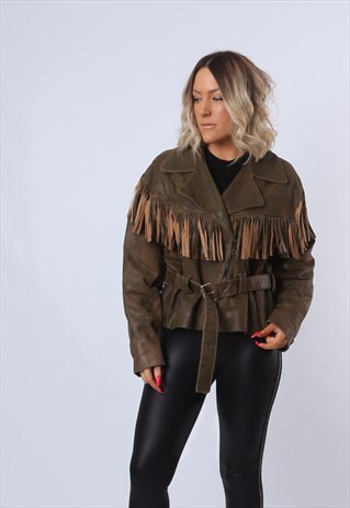 FRINGE TASSEL LEATHER JACKET VINTAGE 90'S UK 14 (CXE)
