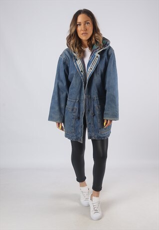 VINTAGE DENIM JACKET LONGLINE LINED HOODED UK 10 SMALL (GB3J