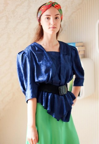 ROYAL BLUE BELTED FRILL BLOUSE TOP
