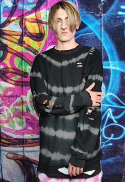 Tie-dye graffiti jumper 2 layer y2k long t-shirt in black