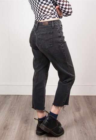 VINTAGE 90'S BLACK DENIM HIGH WAIST FRAYED HEM MOM JEANS