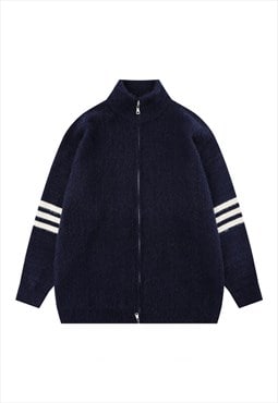 Knitted track jacket zip up turtleneck utility pullover blue