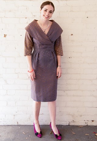 50'S VINTAGE FLORAL BROCADE BLUE/GOLD 50'S WIGGLE DRESS