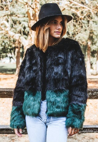 COLOR BLOCK FAUX FUR COAT