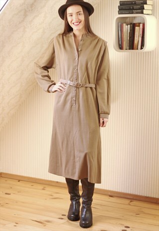 BROWN CAMEL WARM WOOL BELTED DRESS