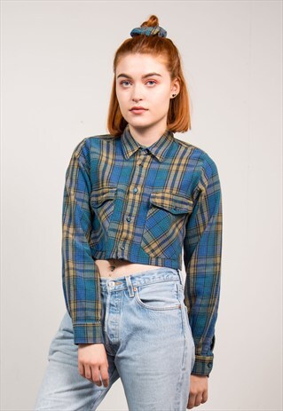 VINTAGE BLUE CHECK GRUNGE CROPPED FLANNEL SHIRT