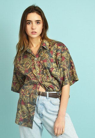 90'S RETRO ABSTRACT PATTERN SILK BLOUSE SHIRT TOP