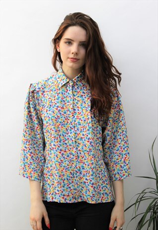 VINTAGE 1980S WHITE MULTI-COLOURED DASH PRINT BLOUSE
