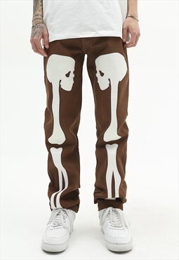 Skeleton patch jeans bones applique denim trousers brown 