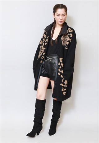 VINTAGE 1980'S FEMI BLACK LEOPARD PRINT CARDIGAN