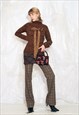 VINTAGE Y2K KNIT JUMPER IN BROWN W REWORKED KNITTED BOW