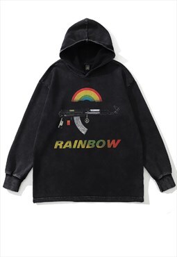 Rainbow print hoodie raver pullover techno top washed black