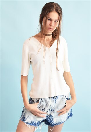 90'S RETRO NEUTRAL KNIT CREAMY MOMS TOP BLOUSE