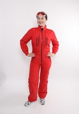 90s one piece ski suit in red color, vintage snowsuit