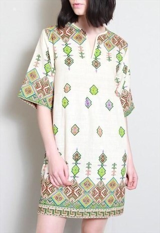 VINTAGE 1970'S CREAM & GREEN PATTERNED BOHO MINI DRESS