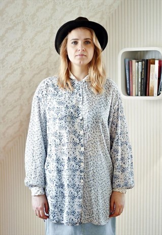 BEIGE BLUE FLORAL DITSY BLOUSE SHIRT