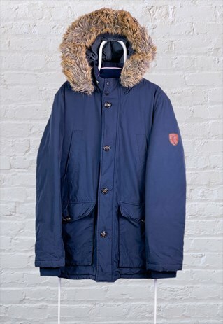 VINTAGE TOMMY HILFIGER PARKA JACKET FAUX FUR BLUE XL