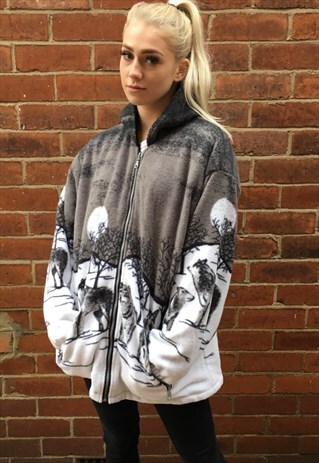 VINTAGE HOODIE WILDLIFE FLEECE JACKET ANIMAL JUMPER L