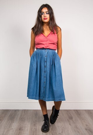 90'S VINTAGE DENIM BUTTON DOWN MIDI SKIRT