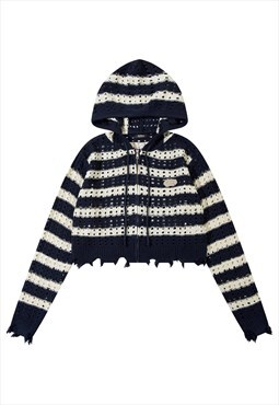 Mesh knitted crop hoodie transparent stripe jumper in black