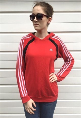 WOMENS 90S ADIDAS HOODIE RED JUMPER FESTIVAL SPORTSWEAR