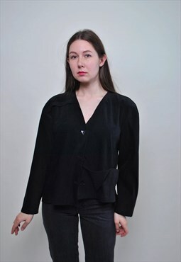 Vintage velvet jacket, 90s black smock shirt triangle button