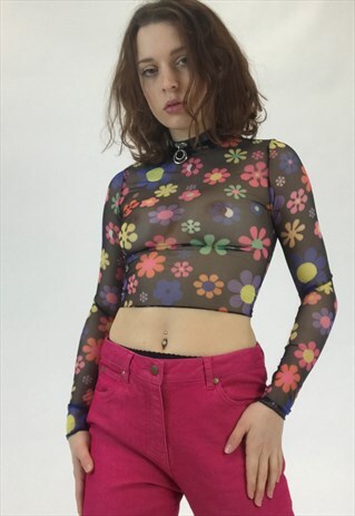 VINTAGE 90S/00S/Y2K FLORAL MESH LONG SLEEVE SHEER TOP