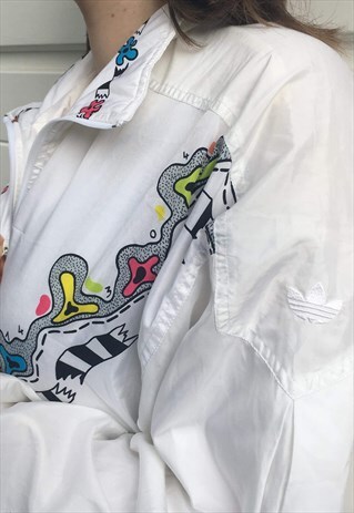 WOMENS VINTAGE ADIDAS JACKET WHITE PATTERNED SHELL SUIT TOP