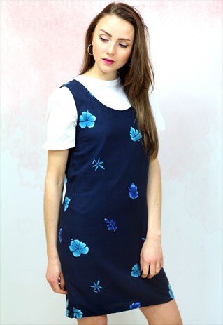 1990S VINTAGE BLUE LEAF PRINT SHIFT DRESS
