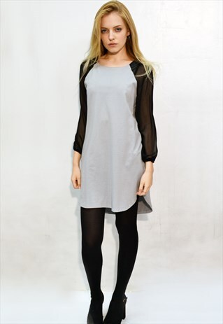 COTTON SHIFT DRESS WITH CHIFFON SLEEVES (GREY)