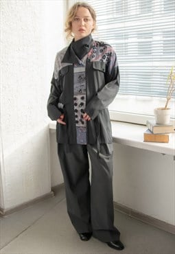 Vintage 80's Black Abstract Print Long Fit Thin Jacket