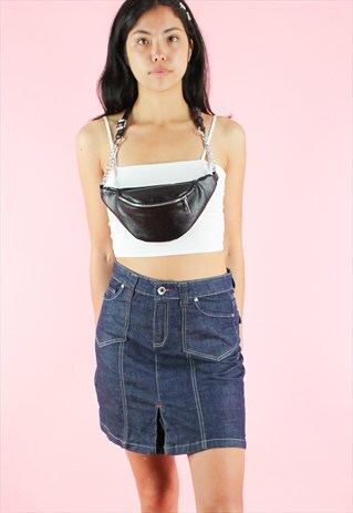 VINTAGE 90S DENIM SKIRT MINI Y2K DARK BLUE POCKET DETAIL