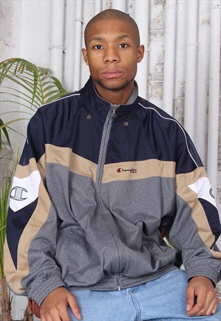 VINTAGE CHAMPION LOGO TRACK JACKET NAVY BLUE AND GREY