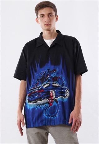 VINTAGE HAWAIIAN 90S BLACK ALOHA CAR DRAGON TATTOO PRINTED