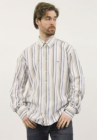VINTAGE BROWN AND GREY STRIPED TOMMY HILFIGER SHIRT