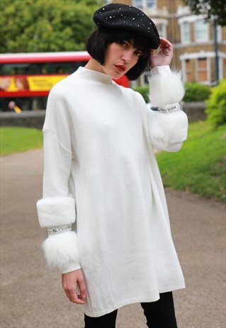 FAUX FUR AND SEQUIN EMBELLISHED SLEEVES JUMPER DRESS