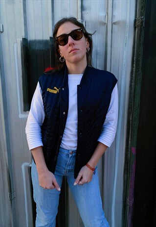 VINTAGE 90S PUMA PADDED GILET IN BLUE WITH BUTTONS
